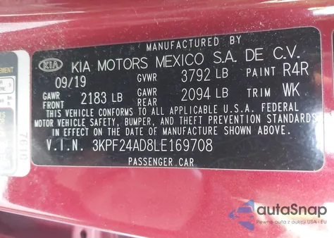 2020 Kia Forte Lxs from USA, damaged, VIN 3KPF24AD8LE169708
